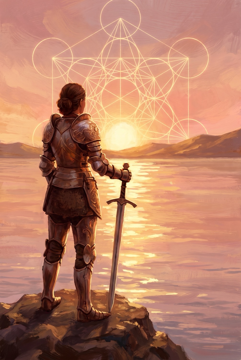 A woman in armour stands facing a rose-gold sunrise over still water, her sword resting point-down, with golden sacred geometry glowing softly in the dawn sky