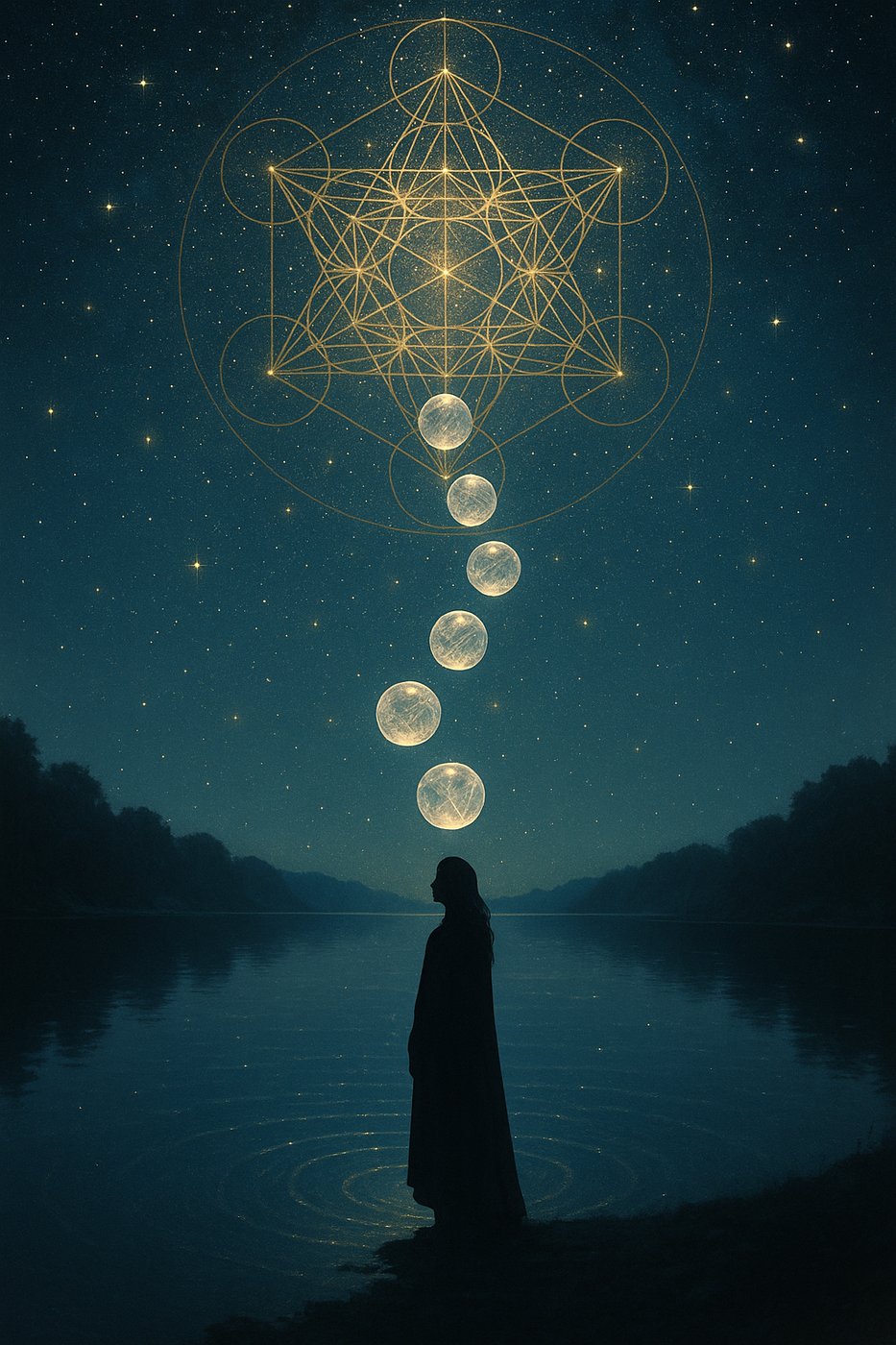 A solitary figure at the water's edge under a deep night sky, with sacred geometry and moon phases overhead