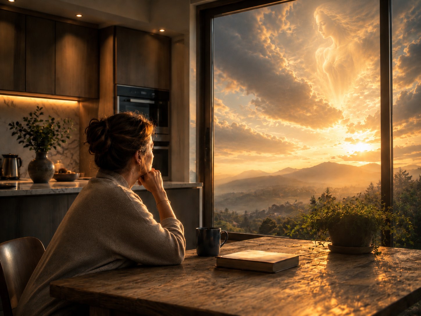 A woman seated at her kitchen counter at dawn, gazing out a large window at the mountains beyond — the contemplative moment before a beginning