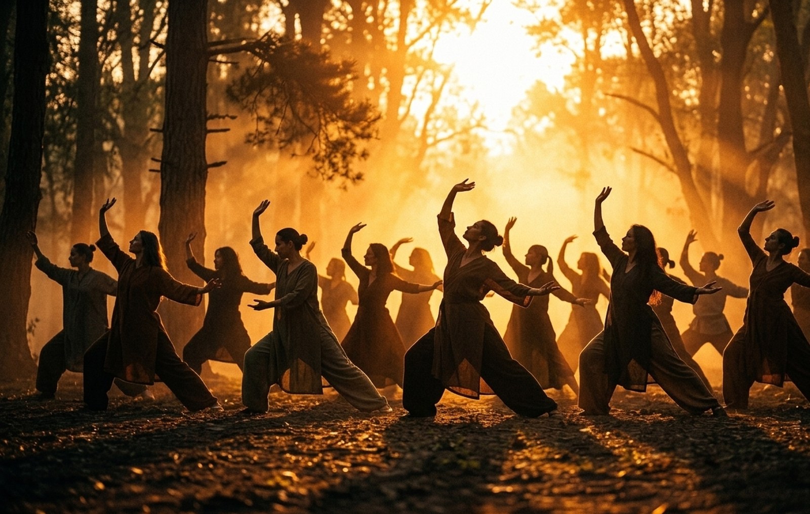 A circle of people practicing qi gong together at golden-hour in a misty pine forest — the ongoing community of the Longevity Studio